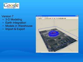 Version 7 
• 3-D Modeling 
• Earth Integration 
• Models in Warehouse 
• Import & Export 
 