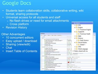 Google Docs 
• Students learn collaboration skills, collaborative writing, wiki 
format, sharing protocols 
• Universal access for all students and staff 
o No flash drives or need for email attachments 
o Cross platform 
• Revision History 
Other Advantages 
• 10 concurrent editors 
• Easy upload / download 
• Sharing (view/edit) 
• Chat 
• Insert Table of Contents 
 
