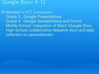 Google Docs: K-12 
Embedded in ICT Curriculum 
Grade 3: Google Presentations 
Grade 4: Google Spreadsheets and Forms 
Middle School: Integration of Neo2 /Google Docs 
High School: collaborative research docs and data 
collection on spreadsheets 
 