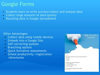 Google Forms 
• Students learn to write surveys/collect and analyze data 
• Collect large amounts of data quickly 
• Resulting data in Google Spreadsheet 
Other Advantages: 
• Collect data using mobile devices 
• Embeds into a Google Site 
• Self-correcting quizzes 
• Branching options 
• Quick formative assessments 
• School productivity /registration 
/directories 
 