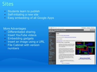 Sites 
• Students learn to publish 
• Self-initiating a new site 
• Easy embedding of all Google Apps 
More Advantages 
• Differentiated sharing 
• Insert YouTube videos 
• Embedding gadgets 
• Insert an image using a URL 
• File Cabinet with version 
numbers 
 