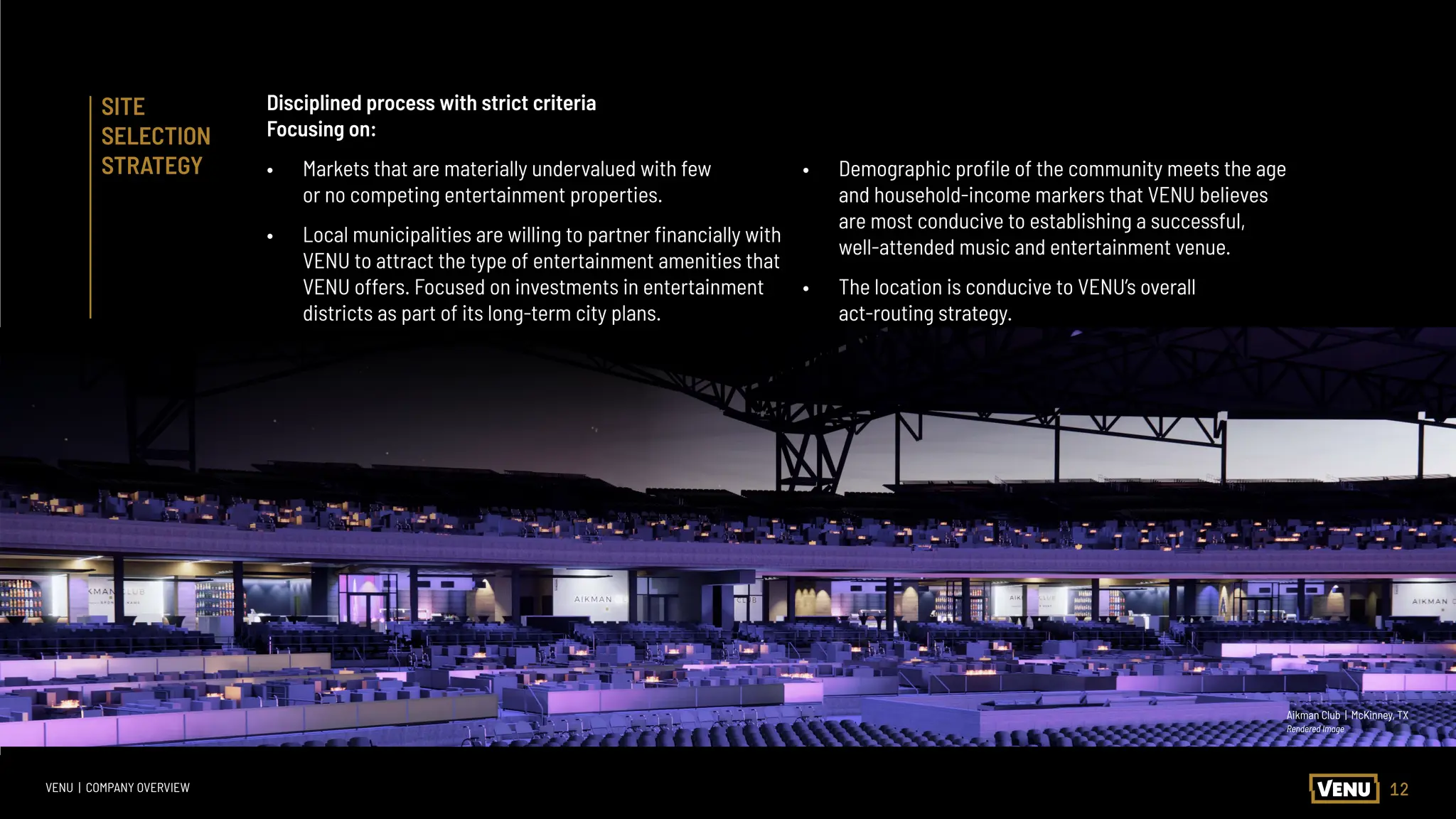 12
VENU | COMPANY OVERVIEW
SITE
SELECTION
STRATEGY
Disciplined process with strict criteria
Focusing on:
• Markets that are materially undervalued with few
or no competing entertainment properties.
• Local municipalities are willing to partner financially with
VENU to attract the type of entertainment amenities that
VENU offers. Focused on investments in entertainment
districts as part of its long-term city plans.
• Demographic profile of the community meets the age
and household-income markers that VENU believes
are most conducive to establishing a successful,
well-attended music and entertainment venue.
• The location is conducive to VENU’s overall
act-routing strategy.
Aikman Club | McKinney, TX
Rendered Image
 