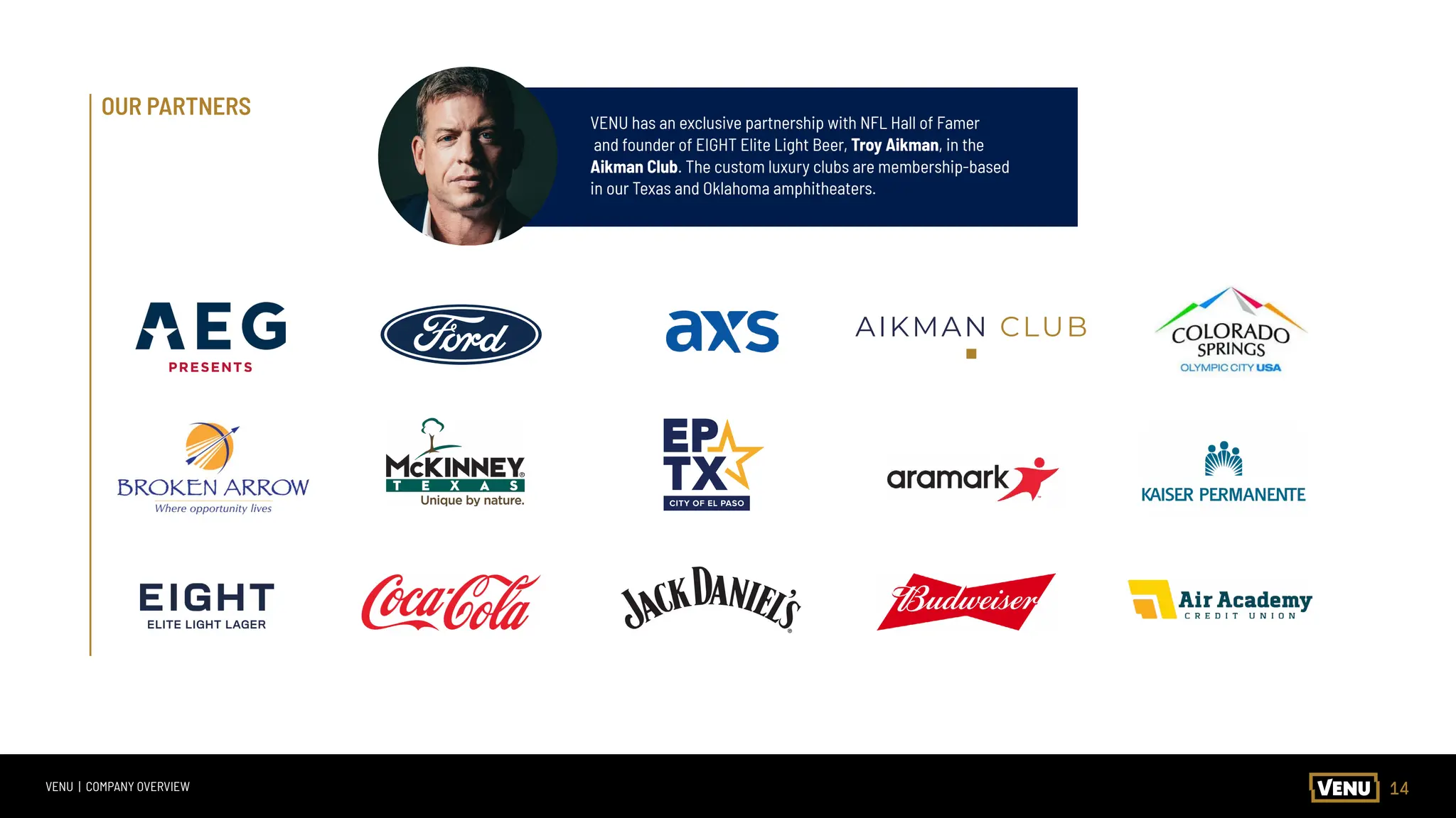 14
VENU | COMPANY OVERVIEW
OUR PARTNERS
VENU has an exclusive partnership with NFL Hall of Famer
and founder of EIGHT Elite Light Beer, Troy Aikman, in the
Aikman Club. The custom luxury clubs are membership-based
in our Texas and Oklahoma amphitheaters.
 