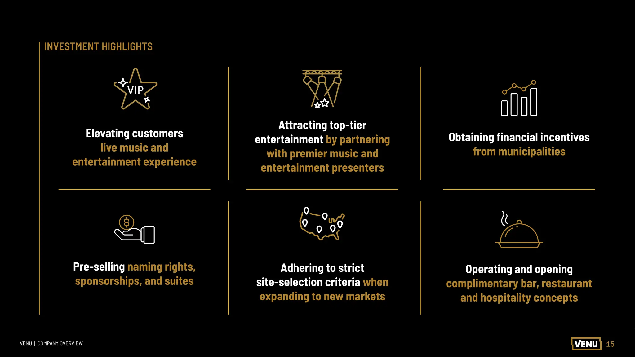 15
VENU | COMPANY OVERVIEW
INVESTMENT HIGHLIGHTS
Pre-selling naming rights,
sponsorships, and suites
Elevating customers
live music and
entertainment experience
Attracting top-tier
entertainment by partnering
with premier music and
entertainment presenters
Adhering to strict
site-selection criteria when
expanding to new markets
Obtaining financial incentives
from municipalities
Operating and opening
complimentary bar, restaurant
and hospitality concepts
 