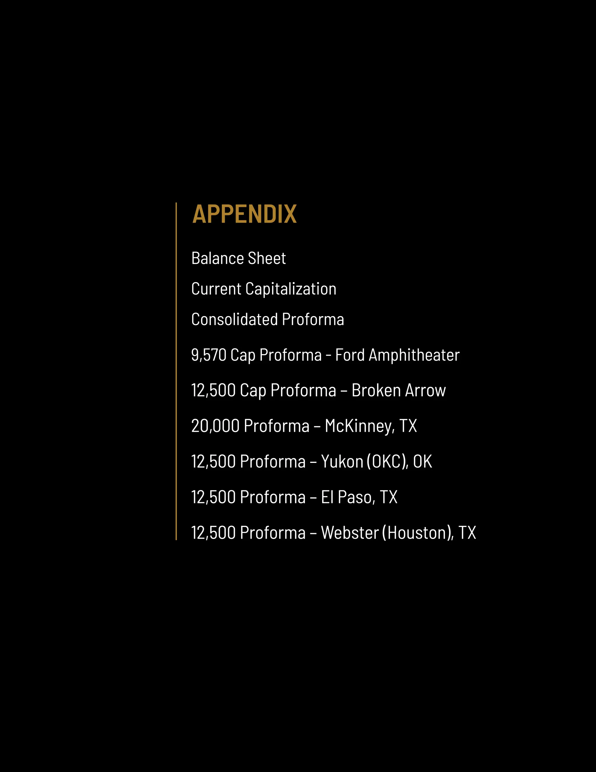 VENU
|
COMPANY
OVERVIEW
13
APPENDIX
Balance Sheet
Current Capitalization
Consolidated Proforma
9,570 Cap Proforma - Ford Amphitheater
12,500 Cap Proforma – Broken Arrow
20,000 Proforma – McKinney, TX
12,500 Proforma – Yukon (OKC), OK
12,500 Proforma – El Paso, TX
12,500 Proforma – Webster (Houston), TX
 
