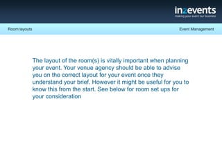 Room layouts

Event Management

The layout of the room(s) is vitally important when planning
your event. Your venue agency should be able to advise
you on the correct layout for your event once they
understand your brief. However it might be useful for you to
know this from the start. See below for room set ups for
your consideration

 