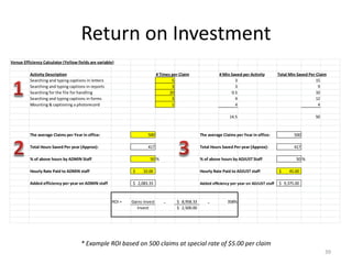 Return on Investment
Venue Efficiency Calculator (Yellow fields are variable)

          Activity Description                                                # Times per Claim                # Min Saved per Activity          Total Min Saved Per Claim
          Searching and typing captions in letters                                    5                                3                                             15
          Searching and typing captions in reports                                    3                                3                                              9
          Searching for the file for handling                                        20                              0.5                                             10
          Searching and typing captions in forms                                      3                                4                                             12
          Mounting & captioning a photorecord                                         1                                4                                              4

                                                                                                                     14.5                                           50


          The average Claims per Year in office:                       500                           The average Claims per Year in office:              500

          Total Hours Saved Per year (Approx):                         417                           Total Hours Saved Per year (Approx):                417

          % of above hours by ADMIN Staff                               50 %                         % of above hours by ADJUST Staff                     50 %

          Hourly Rate Paid to ADMIN staff                      $     10.00                           Hourly Rate Paid to ADJUST staff            $     45.00

          Added efficiency per year on ADMIN staff             $ 2,083.33                            Added efficiency per year on ADJUST staff   $ 9,375.00



                                                       ROI =   Gains-Invest       ₌     $ 8,958.33       ₌          358%
                                                                  Invest                $ 2,500.00




                                      * Example ROI based on 500 claims at special rate of $5.00 per claim
                                                                                                                                                                         39
 