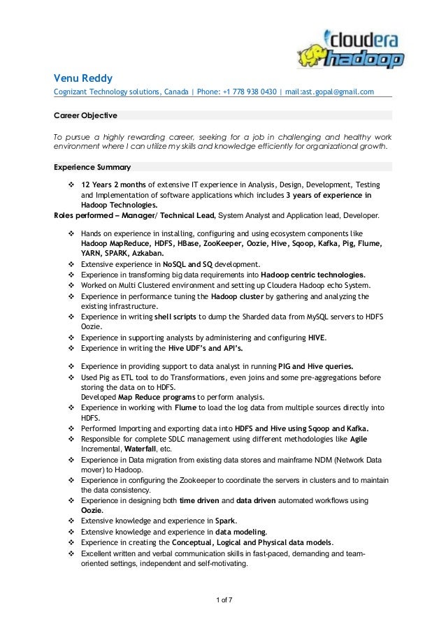 Venu Reddy Hadoop Developer 3 Years Plus Experience
