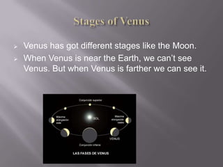    Venus has got different stages like the Moon.
   When Venus is near the Earth, we can’t see
    Venus. But when Venus is farther we can see it.
 