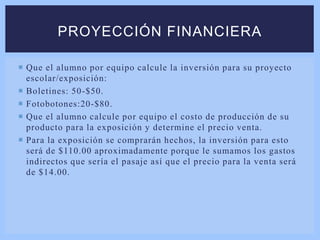  Que el alumno por equipo calcule la inversión para su proyecto
escolar/exposición:
 Boletines: 50-$50.
 Fotobotones:20-$80.
 Que el alumno calcule por equipo el costo de producción de su
producto para la exposición y determine el precio venta.
 Para la exposición se comprarán hechos, la inversión para esto
será de $110.00 aproximadamente porque le sumamos los gastos
indirectos que sería el pasaje así que el precio para la venta será
de $14.00.
PROYECCIÓN FINANCIERA
 