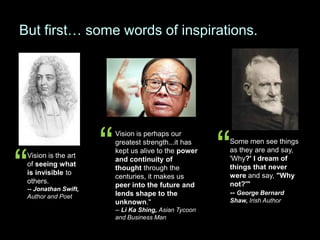 But first… some words of inspirations.
Some men see things
as they are and say,
'Why?' I dream of
things that never
were and say, "Why
not?'"
-- George Bernard
Shaw, Irish Author
Vision is the art
of seeing what
is invisible to
others.
-- Jonathan Swift,
Author and Poet
Vision is perhaps our
greatest strength...it has
kept us alive to the power
and continuity of
thought through the
centuries, it makes us
peer into the future and
lends shape to the
unknown."
-- Li Ka Shing, Asian Tycoon
and Business Man
“ ““
 