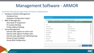 www.aicipc.com
Management Software - ARMOR
Facilitate Managing Large Scale Hardware Deployment
• Hardware Inventory Management
Hardware Scan
Hardware Configuration Import
• BMC IP Management
Auto Static IP assignment
IP-Location Binding
IP-Mac Address Binding
• Group Management
Execute tasks against an entire rack
Execute tasks against multiple racks
Execute tasks against user defined groups
Group Firmware Update
Group BIOS Configuration
 
