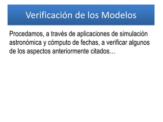 Verificación de los Modelos
Procedamos, a través de aplicaciones de simulación
astronómica y cómputo de fechas, a verificar algunos
de los aspectos anteriormente citados…
 