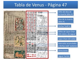 Tabla de Venus - Página 47
Dios de la muerte
(dios A)
Lajun Chan (10-cielo)
Jaguar herido
Glifo del dios de
la muerte (dios A)
Glifos de Lajun Chan
(10-cielo) y de jaguar
Intervalos acumulados
y fechas Jaab’ (solares)
Direcciones
Fechas Tzolk’in
 
