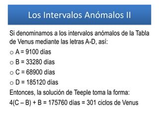 Si denominamos a los intervalos anómalos de la Tabla
de Venus mediante las letras A-D, así:
o A = 9100 días
o B = 33280 días
o C = 68900 días
o D = 185120 días
Entonces, la solución de Teeple toma la forma:
4(C – B) + B = 175760 días = 301 ciclos de Venus
Los Intervalos Anómalos II
 