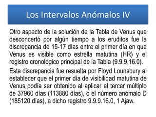 Otro aspecto de la solución de la Tabla de Venus que
desconcertó por algún tiempo a los eruditos fue la
discrepancia de 15-17 días entre el primer día en que
Venus es visible como estrella matutina (HR) y el
registro cronológico principal de la Tabla (9.9.9.16.0).
Esta discrepancia fue resuelta por Floyd Lounsbury al
establecer que el primer día de visibilidad matutina de
Venus podía ser obtenido al aplicar el tercer múltiplo
de 37960 días (113880 días), o el número anómalo D
(185120 días), a dicho registro 9.9.9.16.0, 1 Ajaw.
Los Intervalos Anómalos IV
 