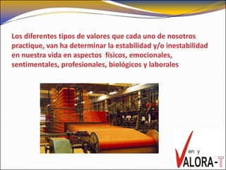 Los diferentes tipos de valores que cada uno de nosotros
practique, van ha determinar la estabilidad y/o inestabilidad
en nuestra vida en aspectos físicos, emocionales,
sentimentales, profesionales, biológicos y laborales
 