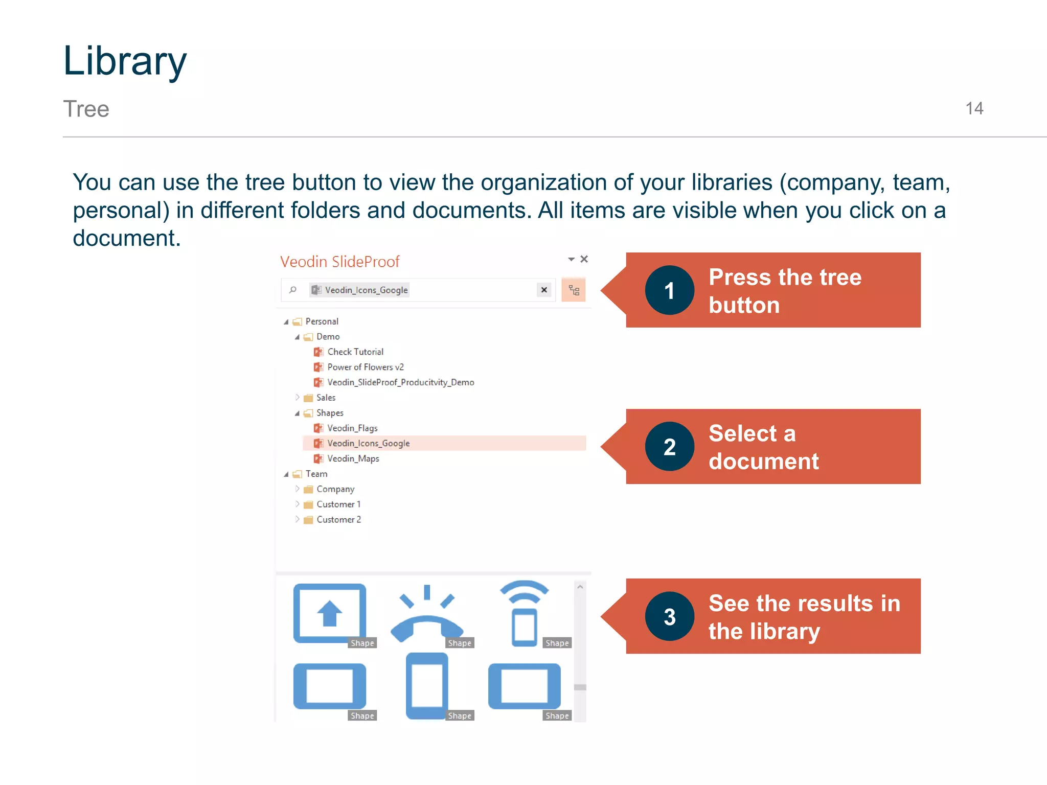 Library
Inserting elements 14
To insert an element from the library, just double click it. Alternatively, you can use the context menu.
 Masters will open a new presentation.
 Slides are inserted after the currently selected slide.
 Shapes are inserted in the middle of the selected slide.
Double click
or use the Insert
context command
 