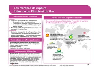 Les marchés de rupture
Industrie du Pétrole et du Gaz
22
• Des partenariats de qualité signés sur l’ensemble de la chaîne
de valeur des clients et toutes les géographies
*EOR = Enhanced Oil Recovery (dopage de puits de pétrole classiques, notamment en fin de vie)
Veolia consolide sa position de leader
Upstream
• Croissance et complexification de l’extraction
– Développement dans des régions isolées
– Croissance des techniques d’extraction intensives en
eau (non conventionnelles et EOR*) dans des régions
à stress hydrique
• Pression du public et réglementaire croissante vis-à-vis
des impacts environnementaux
Downstream
• Croissance des capacités de raffinage (Afrique, MEA,
Latam), dynamisme des activités pétrochimiques (US)
• Besoins d’optimisation/ d’excellence opérationnelle et
réglementation porteuse dans les pays matures
Maximisation de la disponibilité des actifs du client
Economie Circulaire : maximisation de la récupération
matière et eau, solutions mobiles
License to operate
Réduction des coûts et des risques
Portefeuille de technologies inégalé dans l’industrie :
−Upstream - traitement des eaux d’injection (dé-sulfatation, osmose
inverse), des eaux produites (évapo-concentration-HPD, système ROSS-
membranes céramiques pour EOR* ; OPUS-prétraitement et séparation)
−Downstream - traitement des effluents (Biosep, Actiflo, Multiflo,etc.),
ZLD** (évapo-concentration, recyclage eaux et boues, etc.), eaux de
refroidissement, systèmes de nettoyage robotisé des cuves, etc.
L’exploitation, élément de fiabilité et de différenciation
Réseau global
Tendances marché favorables
Veolia adapte ses offres aux besoins
Positionnement différentiant
Shell Carmon Creek, USA
Production d’eaux recyclées pour
injection de vapeur – Sables
bitumineux (signature déc. 2013,
lancement projet 1er tr. 2014) BP Khazzan, Oman
Production d’eau pour la
production de gaz, gaz
de réservoir étanche
(juin 2014)
Raffinerie Refap
Valorisation de boues
huileuses (contrat signé
en 2013, début des
opérations 2014)
Ecopetrol, Colombia
Production d’eau
Extraction de pétrole
(mai 2014)
FPCC, Taiwan
Traitement et recyclage
d’eaux usées et de la plus
grande usine pétrochimique
(mars 2014)
** ZLD = Zero Liquid Discharge
 