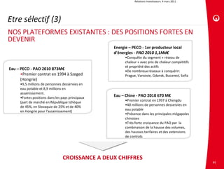 Relations investisseurs. 4 mars 2011




Etre sélectif (3)
NOS PLATEFORMES EXISTANTES : DES POSITIONS FORTES EN 
DEVENIR 
                                                   Energie – PECO ‐ 1er producteur local 
                                                   d’énergies ‐ PAO 2010 1,1Md€
                                                         •Conquête du segment « réseau de 
                                                         chaleur » avec prix de chaleur compétitifs 
                                                         et propriété des actifs
Eau – PECO ‐ PAO 2010 873M€                              •De nombreux réseaux à conquérir:  
      •Premier contrat en 1994 à Szeged                  Prague, Varsovie, Gdansk, Bucarest, Sofia
      (Hongrie)
      •9,5 millions de personnes desservies en 
      eau potable et 8,9 millions en 
      assainissement. 
      •Fortes positions dans les pays principaux
                                                   Eau – Chine ‐ PAO 2010 670 M€
                                                         •Premier contrat en 1997 à Chengdu 
      (part de marché en République tchèque 
                                                         •40 millions de personnes desservies en 
      de 45%, en Slovaquie de 25% et de 40% 
                                                         eau potable 
      en Hongrie pour l'assainissement) 
                                                         •Présence dans les principales mégapoles 
                                                         chinoises 
                                                         •Très forte croissance du PAO par  la 
                                                         combinaison de la hausse des volumes, 
                                                         des hausses tarifaires et des extensions 
                                                         de contrats




                                 CROISSANCE A DEUX CHIFFRES
                                                                                                       45
 
