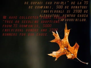 d e c o p ac i s au p ui e ţ i ” d e l a 75
                    d e c o mp ani i , 500 d e d o nat o r i
                             i nd i v i d ual i s i 3700 d e
                            al e r g at o r i p e nt r u c auz a
W hav e c o l l e c t e d f und s t r o ug h
  e
                                            î mp ad ur i r i l o r .
“ t r e e o r s e e d l i ng ad o p t i o ns ”
f r o m 75 c o mp ani e s , 5000
i nd i v i d ual d o no r s and 3700
r unne r s f o r o ur c aus e .
 