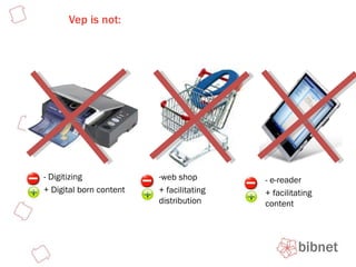 Vep is not:  E-boek platform is niet:… - Digitizing + Digital born content web shop + facilitating distribution - e-reader + facilitating content 