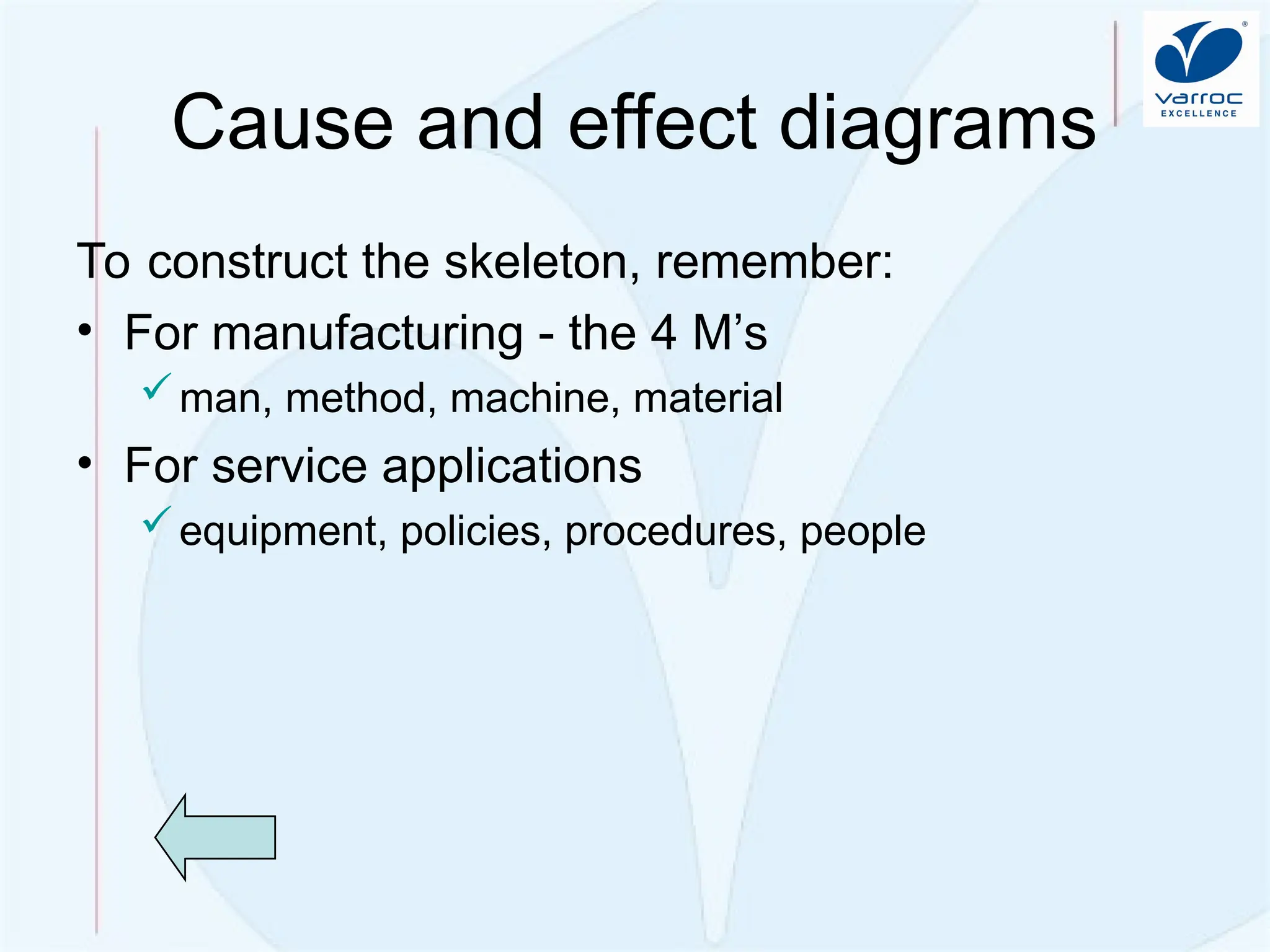 Quality Improvement: Problem So
lving
Cause and effect diagrams
To construct the skeleton, remember:
• For manufacturing - the 4 M’s
man, method, machine, material
• For service applications
equipment, policies, procedures, people
 
