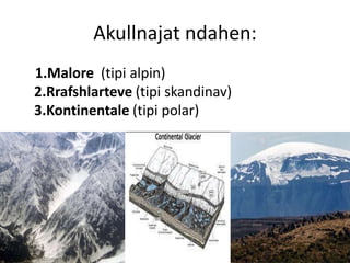 Akullnajat ndahen: 
1.Malore (tipi alpin) 
2.Rrafshlarteve (tipi skandinav) 
3.Kontinentale (tipi polar) 
 