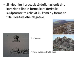 • Si rrjedhim I procesit të deflanacionit dhe 
korazionit lindin forma karakteristike 
skulpturore të relievit ku kemi dy forma te 
tilla: Pozitive dhe Negative. 
K.eulike 
Form eulike ne trajtë sfere 
 