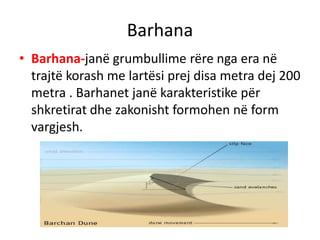 Barhana 
• Barhana-janë grumbullime rëre nga era në 
trajtë korash me lartësi prej disa metra dej 200 
metra . Barhanet janë karakteristike për 
shkretirat dhe zakonisht formohen në form 
vargjesh. 
 