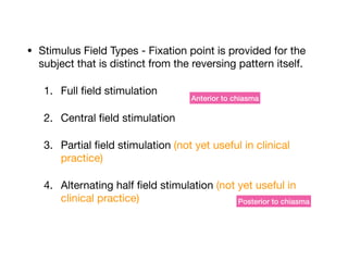 • Stimulus Field Types - Fixation point is provided for the
subject that is distinct from the reversing pattern itself. 

1. Full field stimulation

2. Central field stimulation

3. Partial field stimulation (not yet useful in clinical
practice)

4. Alternating half field stimulation (not yet useful in
clinical practice)
Anterior to chiasma
Posterior to chiasma
 