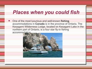 Places when you could fish One of the most luxurious and well-known  fishing  accommodations in  Canada  is in the province of Ontario. The Kesagami Wilderness Lodge, located on Kesagami Lake in the northern part of Ontario, is a four star fly-in fishing accommodation. 