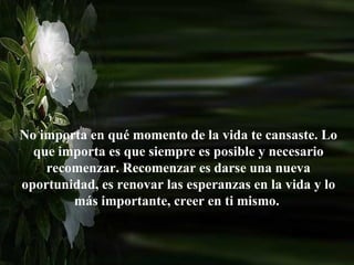 No importa en qué momento de la vida te cansaste. Lo que importa es que siempre es posible y necesario recomenzar. Recomenzar es darse una nueva oportunidad, es renovar las esperanzas en la vida y lo más importante, creer en ti mismo.  
