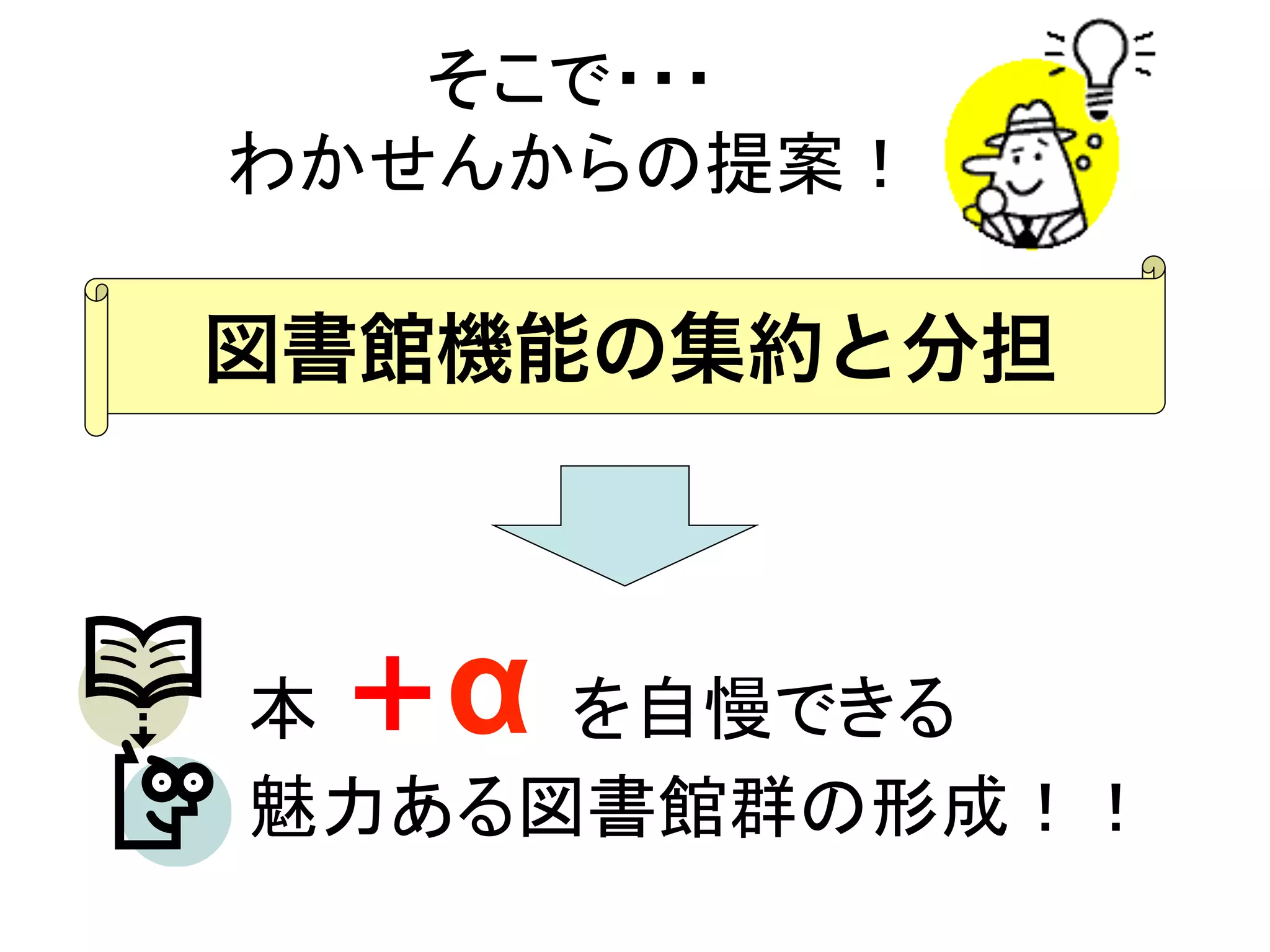 そこで・・・ 
わかせんからの提案！	
図書館機能の集約と分担
本 ＋α を自慢できる 
魅力ある図書館群の形成！！	
 