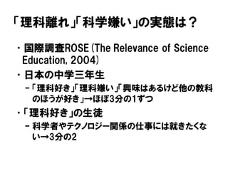 「理科離れ」「科学嫌い」の実態は？
•国際調査ROSE(The Relevance of Science
Education, 2004)
•日本の中学三年生
– 「理科好き」「理科嫌い」「興味はあるけど他の教科
のほうが好き」→ほぼ3分の1ずつ
•「理科好き」の生徒
– 科学者やテクノロジー関係の仕事には就きたくな
い→3分の2
 