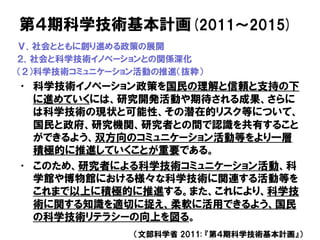 第４期科学技術基本計画(2011～2015)
Ⅴ．社会とともに創り進める政策の展開
２．社会と科学技術イノベーションとの関係深化
（２）科学技術コミュニケーション活動の推進（抜粋）
• 科学技術イノベーション政策を国民の理解と信頼と支持の下
に進めていくには、研究開発活動や期待される成果、さらに
は科学技術の現状と可能性、その潜在的リスク等について、
国民と政府、研究機関、研究者との間で認識を共有すること
ができるよう、双方向のコミュニケーション活動等をより一層
積極的に推進していくことが重要である。
• このため、研究者による科学技術コミュニケーション活動、科
学館や博物館における様々な科学技術に関連する活動等を
これまで以上に積極的に推進する。また、これにより、科学技
術に関する知識を適切に捉え、柔軟に活用できるよう、国民
の科学技術リテラシーの向上を図る。
（文部科学省 2011: 『第４期科学技術基本計画』）
 