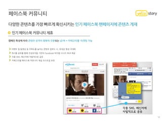 인기 페이스북 커뮤니티 제휴
캠페인 특성에 따라 콘텐츠 성격이 명확히 구분되는 남/여 + 카테고리별 타겟팅 가능
이벤트 및 동영상 등 주목도를 높이는 콘텐츠 업로드 시, 유대감 형성 극대화
게시물 공유를 통해 진성유저들 기반의 Facebook 바이럴 시너지 효과 제공
각종 SNS, 메신저에 자발적으로 공유
카페고리별 페이스북 커뮤니티 채널 리스트업 보유
다양한 콘텐츠를 가장 빠르게 확신시키는 인기 페이스북 팬페이지에 콘텐츠 게재
12
 