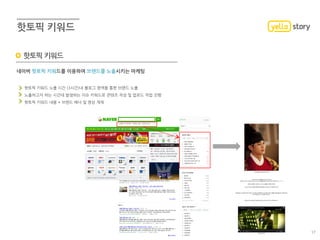 네이버 핫토픽 키워드를 이용하여 브랜드를 노출시키는 마케팅
핫토픽 키워드 노출 시간 (3시간)내 블로그 영역을 통한 브랜드 노출
노출하고자 하는 시간대 발생하는 이슈 키워드로 콘텐츠 작성 및 업로드 작업 진행
핫토픽 키워드 내용 + 브랜드 배너 및 영상 게재
핫토픽 키워드
17
 