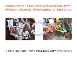 別の集落にプロジェクト終了後も自分で野菜の種を買い育てて、
野菜を売って種代を稼ぎ、野菜栽培を継続している村人がいた！
その村人はなぜ野菜ビジネスで野菜栽培を継続できているのか？
野菜の種野菜の種 売っている野菜売っている野菜
 
