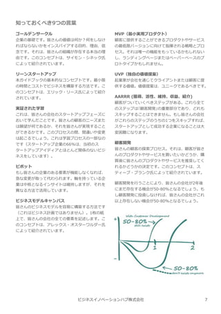 知っておくべき9つの⾔葉
ゴールデンサークル
企業の基礎です。皆さんの価値は何か︖何をしなけ
ればならないかをインスパイアする目的、理由、信
念です。それは、皆さんの組織が存在する本当の理
由です。このコンセプトは、サイモン・シネック氏
によって紹介されています。
リーンスタートアップ
本ガイドブックの基本的なコンセプトです。最小限
の時間とコストでビジネスを構築する方法です。こ
のコンセプトは、エリック・リース氏によって紹介
されています。
実証された学習
これは、皆さんの会社のスタートアップフェーズに
おいて学んだことです。皆さんの顧客のニーズまた
は願望が何であるか、それを皆さんが実現すること
ができるかです。このプロセスの間、間違いや変更
は起こるでしょう。これは学習プロセスの一部なの
です（スタートアップ企業の66%は、当初のス
タートアップアイディアとほとんど関係のないビジ
ネスをしています）。
ピボット
もし皆さんの企業のある要素が機能しなくなれば、
急な変更が取って代わられます。軸を持っている企
業は中核となるインサイトは維持しますが、それを
異なる方法で活用しています。
ビジネスモデルキャンバス
皆さんのビジネスモデルを容易に構築する方法です
（これはビジネス計画ではありません）。1枚の紙
上で、皆さんの会社の全ての要素を記述します。こ
のコンセプトは、アレックス・オスターワルダー氏
によって紹介されています。
ビジネスイノベーションハブ株式会社
MVP（最小実用プロダクト）
顧客に提供することができるプロダクトやサービス
の最低限バージョンに向けて指揮される戦略とプロ
セス。それは唯一の機能をもっているかもしれない
し、ランディングページまたはペーパーベースのプ
ロトタイプかもしれません。
UVP（独自の価値提案）
起業家が会社を通じてクライアントまたは顧客に提
供する価値。価値提案は、ユニークであるべきです。
AARRR (獲得、活性、維持、収益、紹介)
顧客がついていくべきステップがある。これら全て
のステップは｢顧客開発｣の重要部分であり、どれも
スキップすることはできません。もし皆さんの会社
がこれらのステップのうちの1つをスキップすれば、
スタートアップとして成功する企業になることは⼤
変困難になります。
顧客開発
皆さんの顧客の探索プロセス。それは、顧客が皆さ
んのプロダクトやサービスを買いたいかどうか、購
買後に皆さんのプロダクトやサービスを推奨してく
れるかどうかの決定です。このコンセプトは、ス
ティーブ・ブランク氏によって紹介されています。
顧客開発を⾏うことにより、皆さんの会社が2年後
にまだ存在する機会が50-80%となるでしょう。も
し顧客開発に投資しなければ、皆さんの会社がこれ
以上存在しない機会が50-80%となるでしょう。
7
 