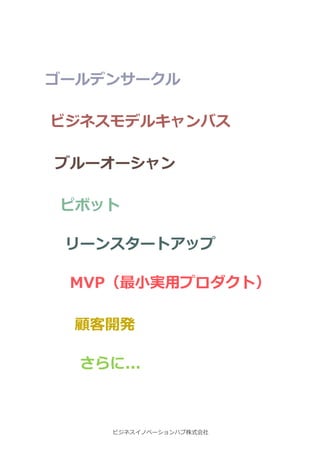 ビジネスイノベーションハブ株式会社
ゴールデンサークル
ビジネスモデルキャンバス
ブルーオーシャン
ピボット
リーンスタートアップ
MVP（最小実用プロダクト）
顧客開発
さらに...
 