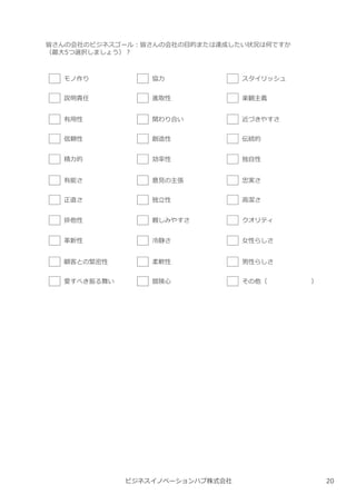 ビジネスイノベーションハブ株式会社
皆さんの会社のビジネスゴール︓皆さんの会社の目的または達成したい状況は何ですか
（最⼤5つ選択しましょう）︖
モノ作り
説明責任
有用性
信頼性
精⼒的
有能さ
正直さ
排他性
革新性
顧客との緊密性
愛すべき振る舞い
協⼒
進取性
関わり合い
創造性
効率性
意⾒の主張
独⽴性
親しみやすさ
冷静さ
柔軟性
冒険心
スタイリッシュ
楽観主義
近づきやすさ
伝統的
独自性
忠実さ
高潔さ
クオリティ
⼥性らしさ
男性らしさ
その他（ ）
20
 
