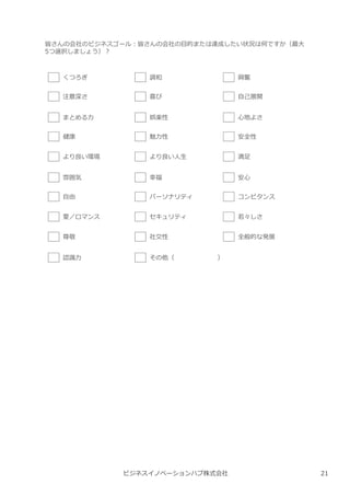 ビジネスイノベーションハブ株式会社
皆さんの会社のビジネスゴール︓皆さんの会社の目的または達成したい状況は何ですか（最⼤
5つ選択しましょう）︖
くつろぎ
注意深さ
まとめる⼒
健康
より良い環境
雰囲気
自由
愛／ロマンス
尊敬
認識⼒
調和
喜び
娯楽性
魅⼒性
より良い人⽣
幸福
パーソナリティ
セキュリティ
社交性
その他（ ）
興奮
自⼰展開
心地よさ
安全性
満足
安心
コンピタンス
若々しさ
全般的な発展
21
 