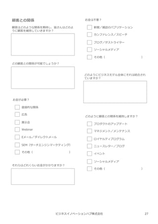 ビジネスイノベーションハブ株式会社
顧客はどのような関係を期待し、皆さんはどのよ
うに顧客を維持していきますか︖
どの顧客との関係が可能でしょうか︖
顧客との関係
お⾦が必要︖
直接的な関係
広告
展示会
Webinar
Eメール／ダイレクトメール
SEM（サーチエンジンマーケティング）
その他（ ）
それらはどれくらいお⾦がかかりますか︖
お⾦は不要︖
新聞／雑誌のパブリケーション
カンファレンス／スピーチ
ブログ／ゲストライター
ソーシャルメディア
その他（ ）
どのようにビジネスモデル全体にそれは統合され
ていますか︖
どのように顧客との関係を維持しますか︖
プロダクトのアップデート
マネジメント／メンテナンス
ロイヤルティプログラム
ニュースレター／ブログ
イベント
ソーシャルメディア
その他（ ）
27
 