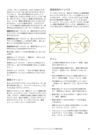 これは、1もしくは2年以内、あるいは明日でさえ
も同じでしょうか︖成し遂げる｢なされるべきジョ
ブ｣に対して、それは何の意味をもつのでしょう
か︖顧客に対して皆さんは何をしたでしょうか︖理
由︓満たすべきニーズなしに価値の⽣成は存在しま
せん。人々は、購買の意思決定において1次元では
ありません。これらの意思決定は、プロダクトや
サービスの機能的な基準を超えるものなのです。感
情的および社会的なコンポーネントも存在します。
機能的なジョブ（タスク）は、顧客が皆さんのプロ
ダクトやサービスを機能的な視点から⾒る方法を説
明するものです。
感情的なジョブ（タスク）は、皆さんのプロダクト
やサービスを購買もしくは利用する際に、感じる／
感じたい方法を説明するものです。
社会的なジョブ（タスク）は、顧客が他人によって
認知されたい方法を説明するものです。
サンプル︓幼児シート付きの⾞を買いたいカップル
の場合
機能的ジョブ（タスク）︓｢運転中に、⾚ちゃんが
安全であるように手伝って。｣
感情的ジョブ（タスク）︓｢⾚ちゃんが安全かどう
か知りたい。私たちが良き保護者であることを感じ
たい。｣
社会的ジョブ（タスク）︓｢私たちが最良で最も安
全な道具をもっていることを他のカップルにも示し
たい。｣
顧客ジャーニー
皆さんのプロダクトやサービスに対するユーザー経
験や満足感に関して、クライアントをレビューする
ために役⽴つテクニックです。
顧客タッチポイントは、顧客ジャーニーの重要な要
素です。タッチポイントは、プロダクトやサービス、
人間、プロセス、物理的な証拠と接触する場所です。
そのゴールは、優れた経験としてのタッチポイント
を作りだすことです。ツールボックスには、顧客
ジャーニーのテンプレートがあります。
ビジネスイノベーションハブ株式会社
価値提案キャンバス
ツールボックスには、埋めるべき皆さんの価値提案
キャンバスに対するテンプレートと説明ドキュメン
トがあります。これは、ビジネスモデルの2つの要
素である価値提案と顧客をズームインするための
ツールです。アレックス・オスターワルダー氏の新
しい書籍｢価値提案デザイン｣では、価値提案キャン
バスに関する多くの情報を⾒つけることができます。
ゲイン
• どの節約が顧客を幸せにするか︖（時間、⾦銭、
労⼒に関するモノ）
• 何の結果を顧客は期待するか、顧客の期待を超
えるか︖（品質レベル、何か多い／少ないも
の）
• 現⾏の問題解決がどのように顧客を喜ばせてい
るか︖（固有の機能、パフォーマンス、品質）
• 何が顧客のジョブや⽣活を容易にしているか︖
（学習カーブ、優れたサービス、低コストの所
有）
• 顧客が望んでいるプラスの社会的な結果は何
か︖（顧客をよく⾒せる、権⼒や地位の向上）
• 顧客が探しているものは何か︖（優れたデザイ
ン、保証、機能性）
• 顧客が夢⾒ているものは何か︖（⼤きな達成、
⼤きな安心）
• 顧客はどのように成功と失敗を測定しているの
か︖（パフォーマンス、コスト）
• そのソリューションを採用する際に何が改善さ
れるそうか︖（コスト低減、リスク低減、品質
向上、パフォーマンス改善）
44
 