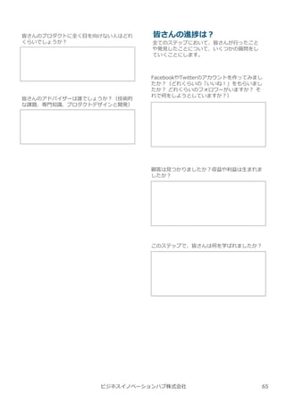 ビジネスイノベーションハブ株式会社
皆さんのプロダクトに全く目を向けない人はどれ
くらいでしょうか︖
皆さんのアドバイザーは誰でしょうか︖（技術的
な課題、専門知識、プロダクトデザインと開発）
皆さんの進捗は︖
全てのステップにおいて、皆さんが⾏ったこと
や発⾒したことについて、いくつかの質問をし
ていくことにします。
FacebookやTwitterのアカウントを作ってみまし
たか︖（どれくらいの「いいね︕」をもらいまし
たか︖ どれくらいのフォロワーがいますか︖ そ
れで何をしようとしていますか︖）
顧客は⾒つかりましたか︖収益や利益は⽣まれま
したか︖
このステップで、皆さんは何を学ばれましたか︖
65
 