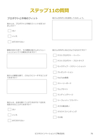 ビジネスイノベーションハブ株式会社
ステップ11の質問
プロダクトと市場のフィット
皆さんは、プロダクトと市場のフィットを⾒つけ
ましたか︖
顧客の目から⾒て、その課題は皆さんのソリュー
ションによって⼗分解決されますか︖
皆さんの顧客は誰で、どのようにリーチすることが
できますか︖
はい
いいえ
まだ分からない
皆さんは、お⾦を稼ぐことができますか︖会社を
成⻑させることができますか︖
はい
いいえ
まだ分からない
皆さんのMVP1.0を説明してみましょう。
皆さんのMVP1.0はどのようなものですか︖
テストプロダクト - ペーパー
テストプロダクト - プロトタイプ
モックアップ – スクリーンショット
プレゼンテーション
YouTube動画
ストーリーボード
ウェブサイト
ランディングページ
リーフレット／フライヤー
オズの魔法使い
クラウドファンディング
その他
76
 