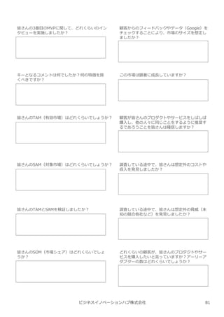 ビジネスイノベーションハブ株式会社
皆さんの3番目のMVPに関して、どれくらいのイン
タビューを実施しましたか︖
キーとなるコメントは何でしたか︖何の特徴を除
くべきですか︖
皆さんのTAM（有効市場）はどれくらいでしょうか︖
皆さんのSAM（対象市場）はどれくらいでしょうか︖
皆さんのTAMとSAMを検証しましたか︖
皆さんのSOM（市場シェア）はどれくらいでしょ
うか︖
顧客からのフィードバックやデータ（Google）を
チェックすることにより、市場のサイズを想定し
ましたか︖
この市場は顕著に成⻑していますか︖
顧客が皆さんのプロダクトやサービスをしばしば
購⼊し、他の人々に同じことをするように推奨す
るであろうことを皆さんは確信しますか︖
調査している途中で、皆さんは想定外のコストや
収⼊を発⾒しましたか︖
調査している途中で、皆さんは想定外の脅威（未
知の競合他社など）を発⾒しましたか︖
どれくらいの顧客が、皆さんのプロダクトやサー
ビスを購⼊したいと⾔っていますか︖アーリーア
ダプターの数はどれくらいでしょうか︖
81
 