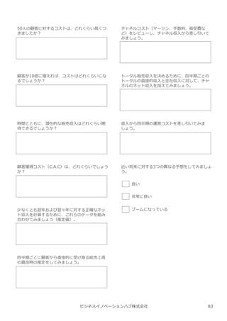 ビジネスイノベーションハブ株式会社
50人の顧客に対するコストは、どれくらい高くつ
きましたか︖
顧客が10倍に増えれば、コストはどれくらいにな
るでしょうか︖
時間とともに、潜在的な販売収⼊はどれくらい期
待できるでしょうか︖
顧客獲得コスト（C.A.C）は、どれくらいでしょう
か︖
少なくとも翌年および翌々年に対する正確なネッ
ト収⼊を計算するために、これらのデータを組み
合わせてみましょう（推定値）。
四半期ごとに顧客から直接的に受け取る総売上高
の最良時の推定をしてみましょう。
チャネルコスト（マージン、手数料、販促費な
ど）をレビューし、チャネル収⼊から差し引いて
みましょう。
トータル販売収⼊を決めるために、四半期ごとの
トータルの直接的収⼊と全社収⼊に対して、チャ
ネルのネット収⼊を加えてみましょう。
収⼊から四半期の運営コストを差し引いてみま
しょう。
近い将来に対する3つの異なる予想をしてみましょ
う。
良い
非常に良い
ブームになっている
83
 