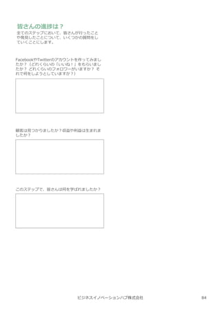 ビジネスイノベーションハブ株式会社
皆さんの進捗は︖
全てのステップにおいて、皆さんが⾏ったこと
や発⾒したことについて、いくつかの質問をし
ていくことにします。
FacebookやTwitterのアカウントを作ってみまし
たか︖（どれくらいの「いいね︕」をもらいまし
たか︖ どれくらいのフォロワーがいますか︖ そ
れで何をしようとしていますか︖）
顧客は⾒つかりましたか︖収益や利益は⽣まれま
したか︖
このステップで、皆さんは何を学ばれましたか︖
84
 